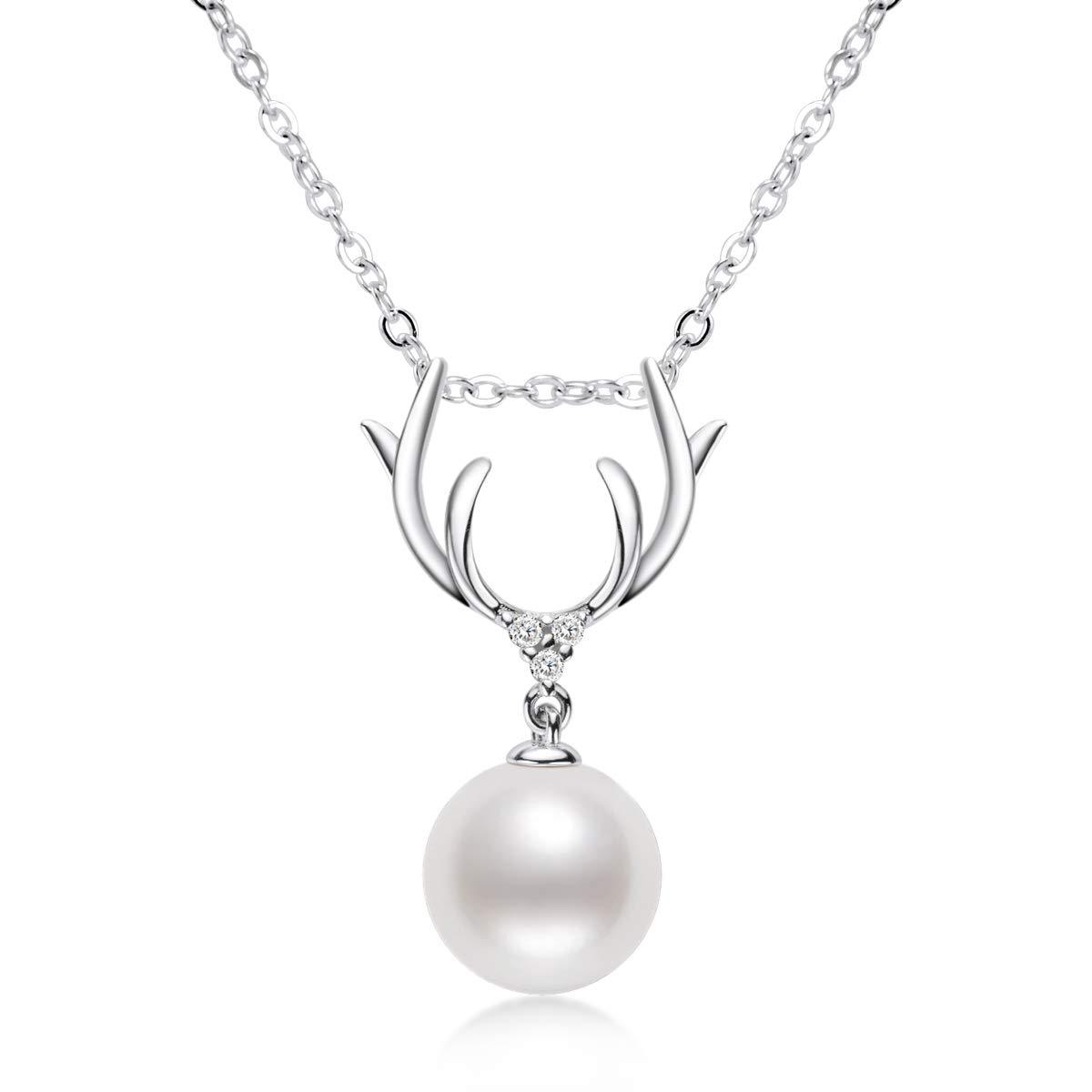 Deer Antlers Freshwater Cultured White Pearl Pendant Necklace S925 Silver Chain for Women Jewelry Gifts