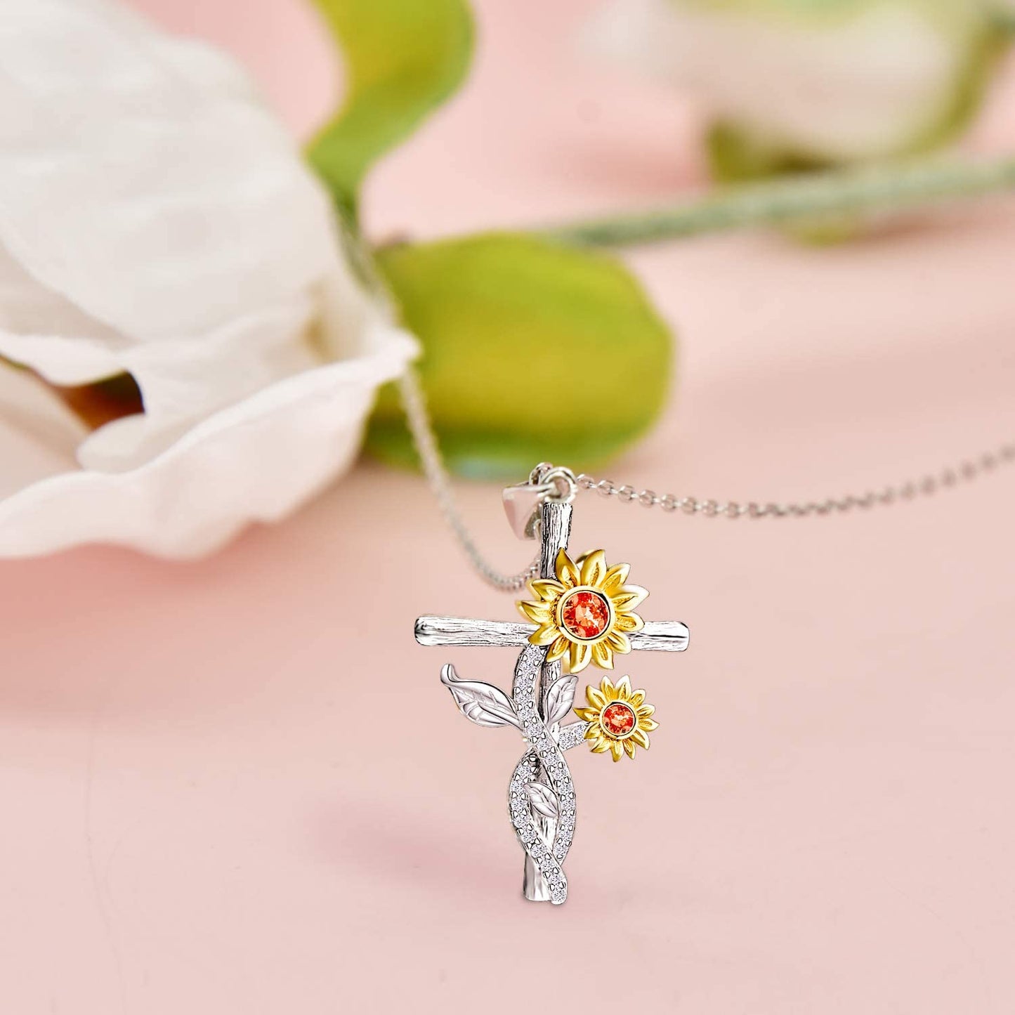 925 Sterling Silver Sunflower Faith Cross Necklace