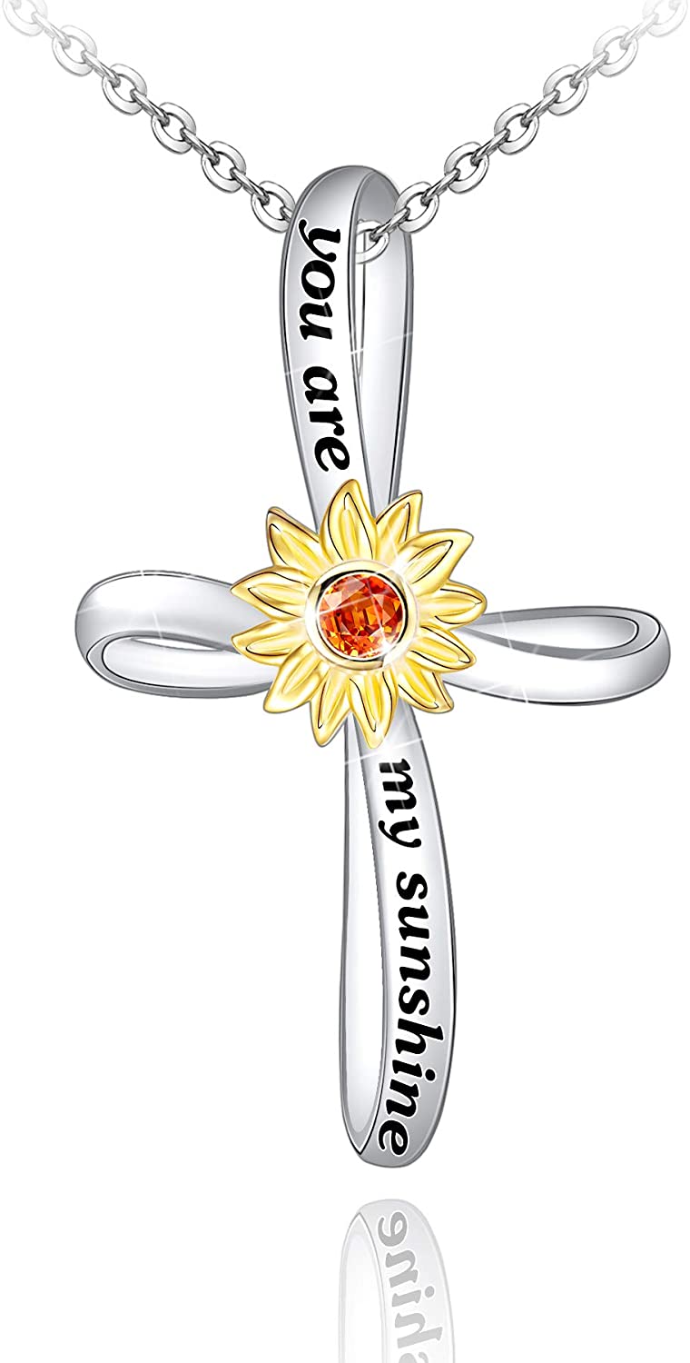 925 Sterling Silver Faith Cross Necklace for Women,You are My Sunshine Sunflower Necklace Jewelry Gifts for Women Wife Girls Mom for Birthday Christmas Day