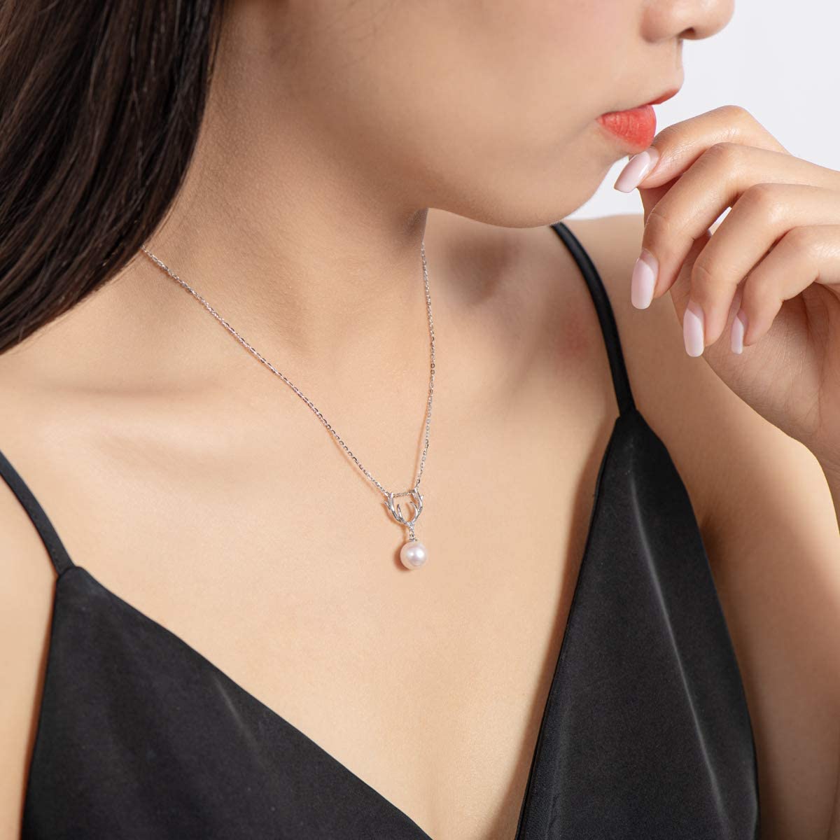 Deer Antlers Freshwater Cultured White Pearl Pendant Necklace S925 Silver Chain for Women Jewelry Gifts