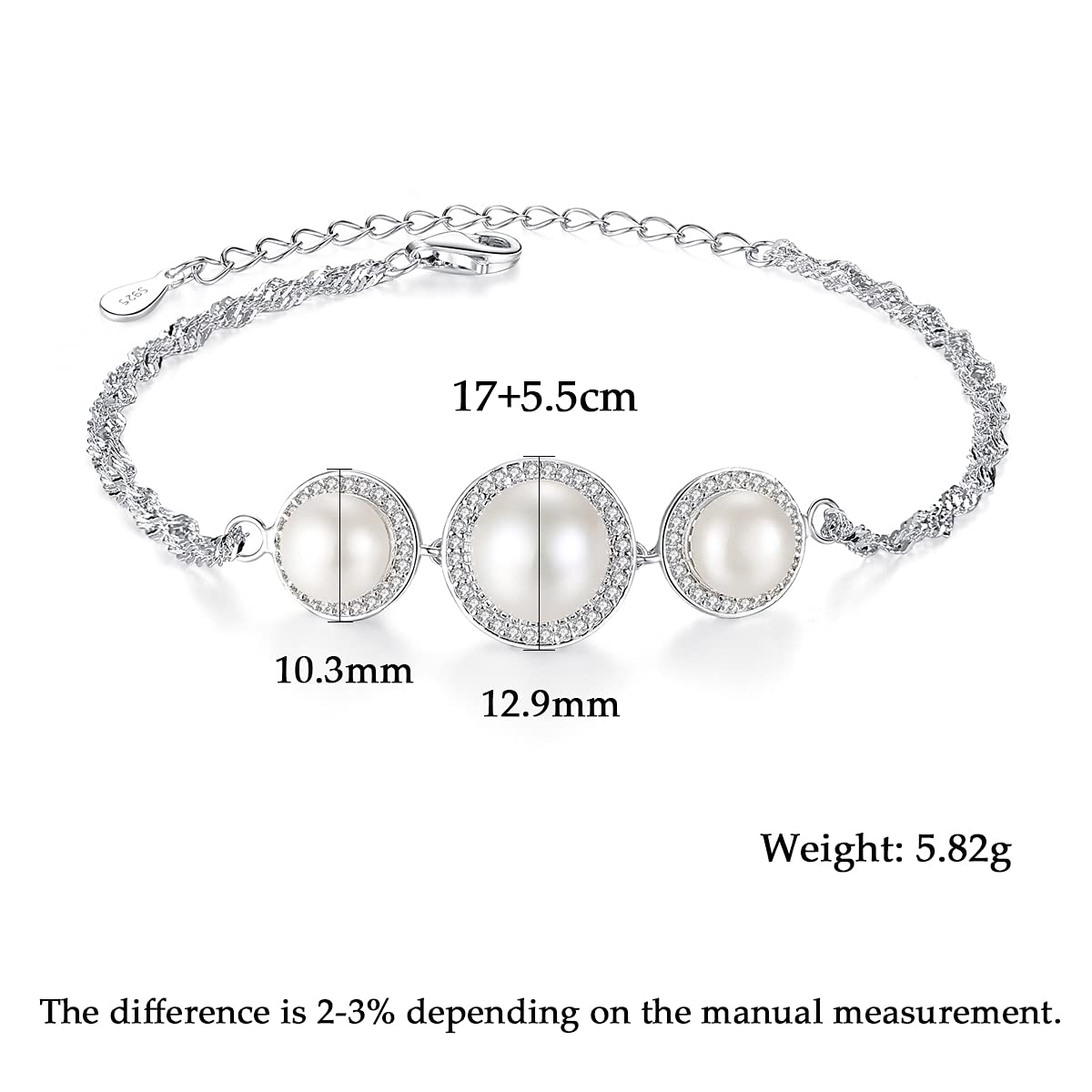 Freshwater Cultured Pearl Bracelet for Women Genuine Pearls Sterling Silver Link Bracelet Length 7”+2"