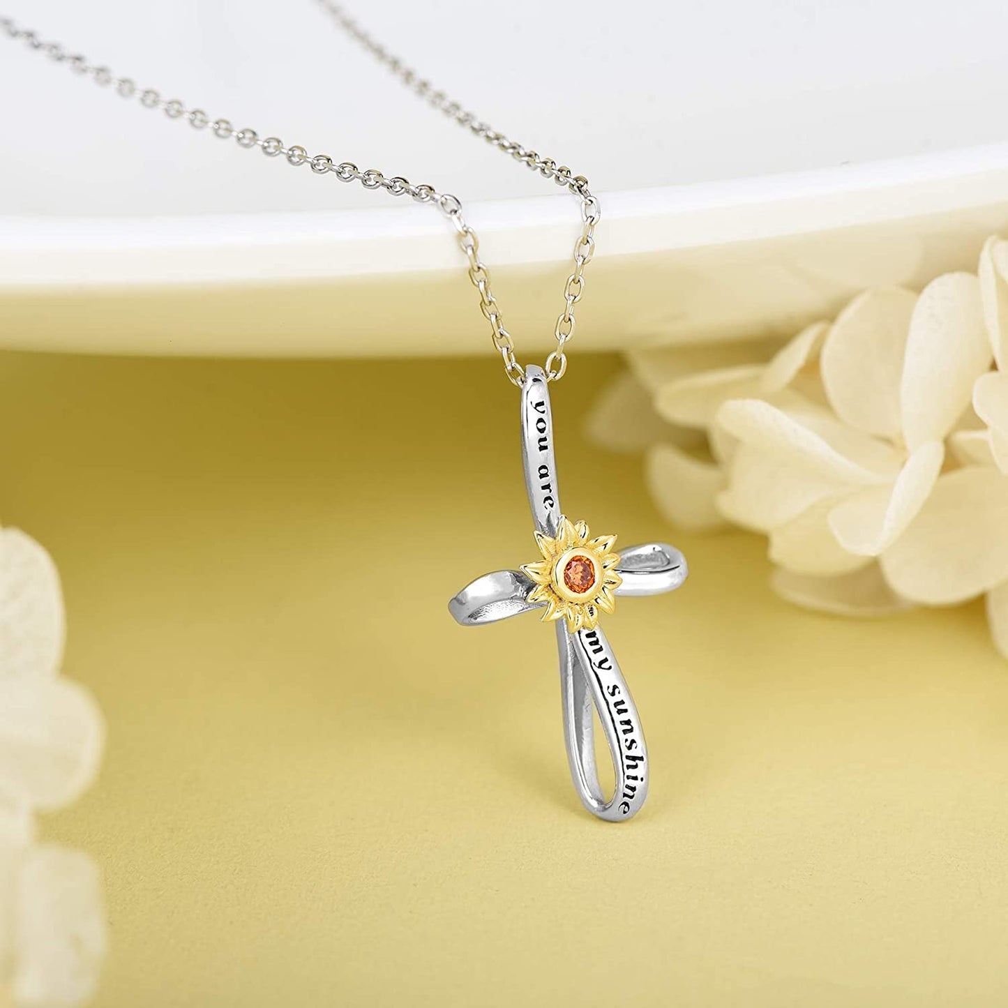 925 Sterling Silver Faith Cross Necklace for Women,You are My Sunshine Sunflower Necklace Jewelry Gifts for Women Wife Girls Mom for Birthday Christmas Day