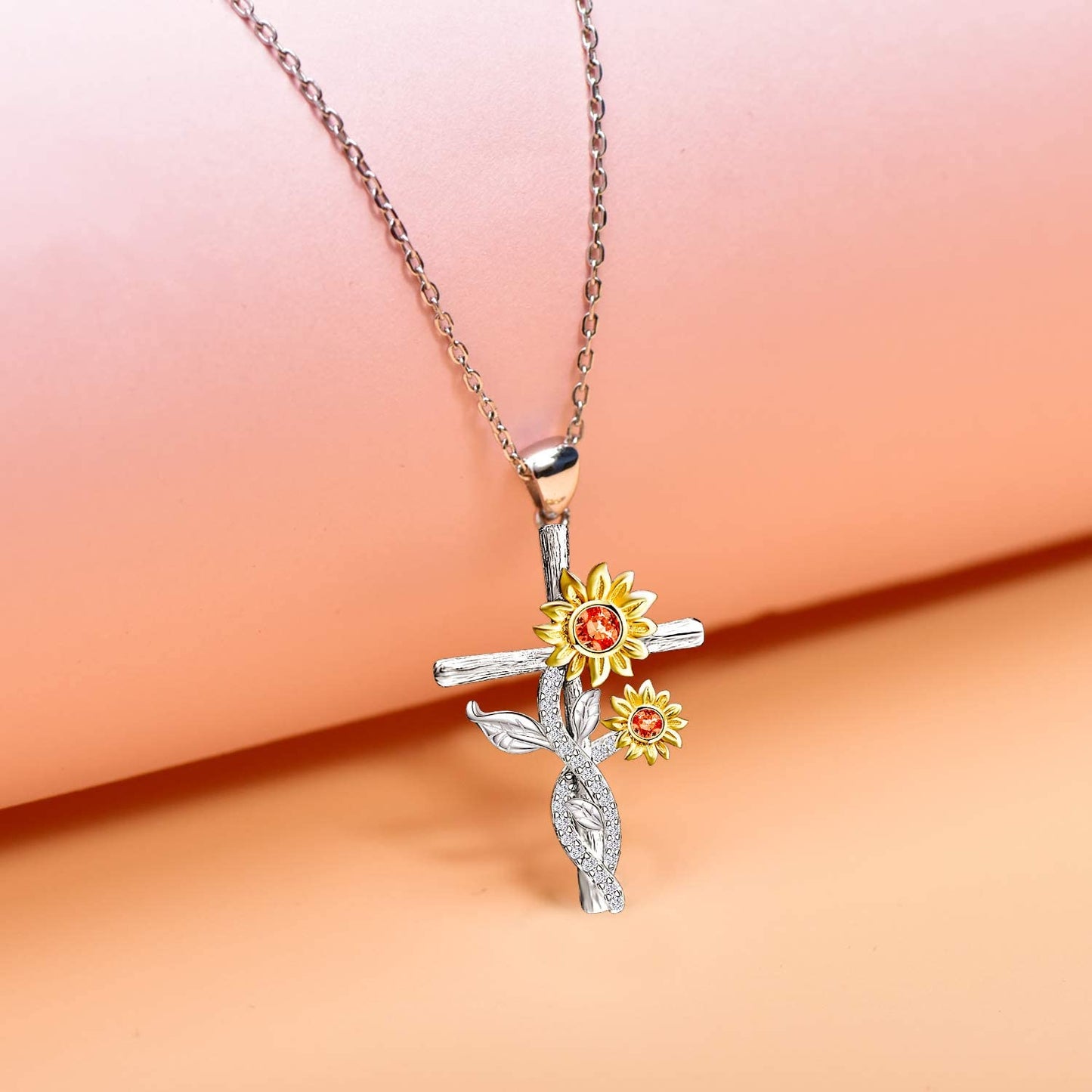 925 Sterling Silver Sunflower Faith Cross Necklace