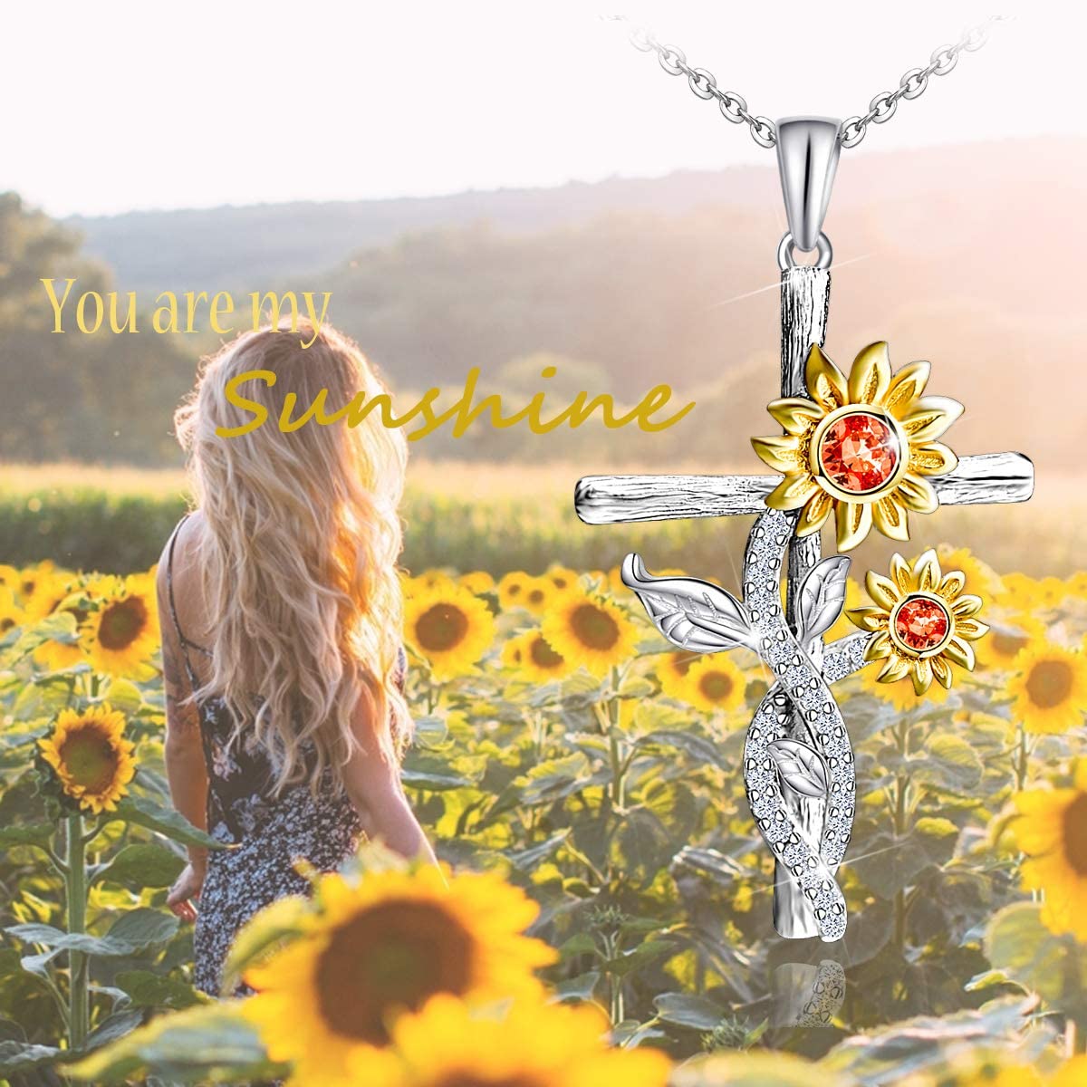 925 Sterling Silver Sunflower Faith Cross Necklace