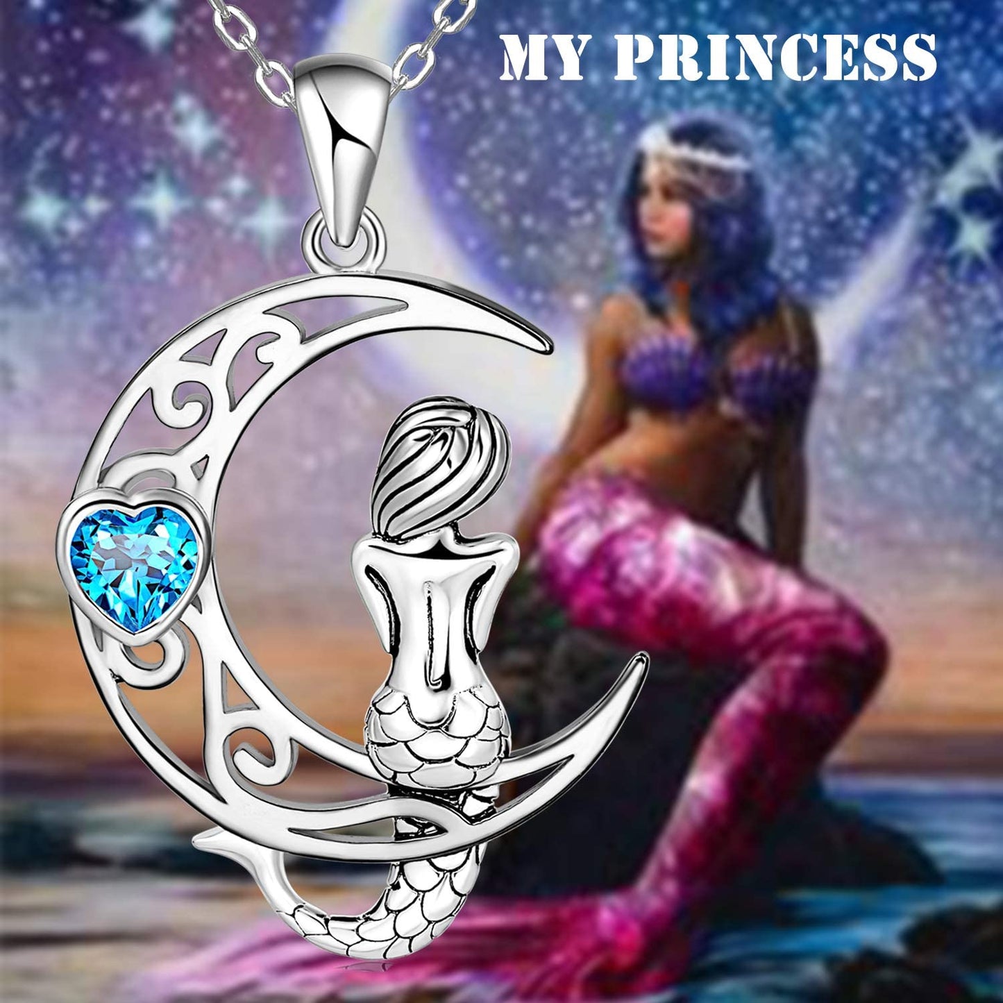 925 Sterling Silver Classic Sea Mermaid Crescent Moon Necklace