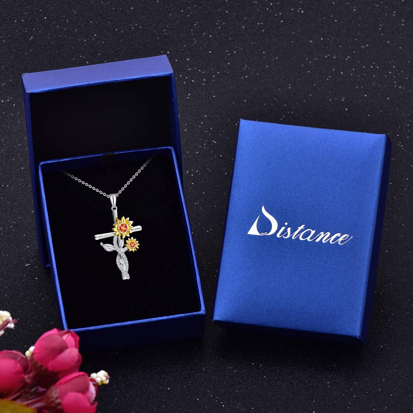 925 Sterling Silver Sunflower Faith Cross Necklace