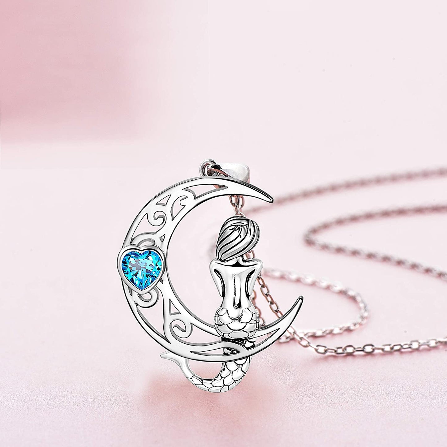 925 Sterling Silver Classic Sea Mermaid Crescent Moon Necklace