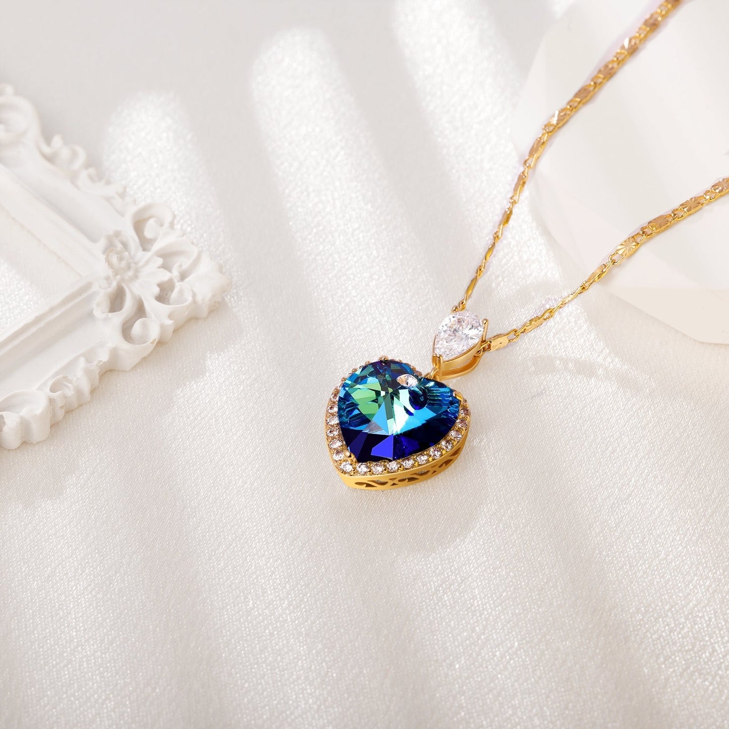 Blue Crystal & 18K Gold Plated Ocean Heart Necklace