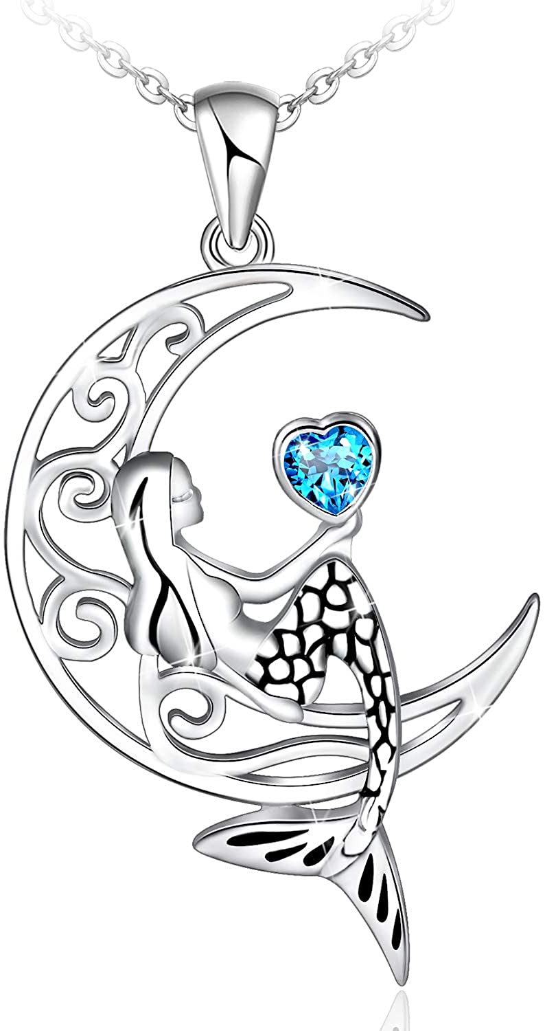 925 Sterling Silver Classic Sea Mermaid Crescent Moon Necklace