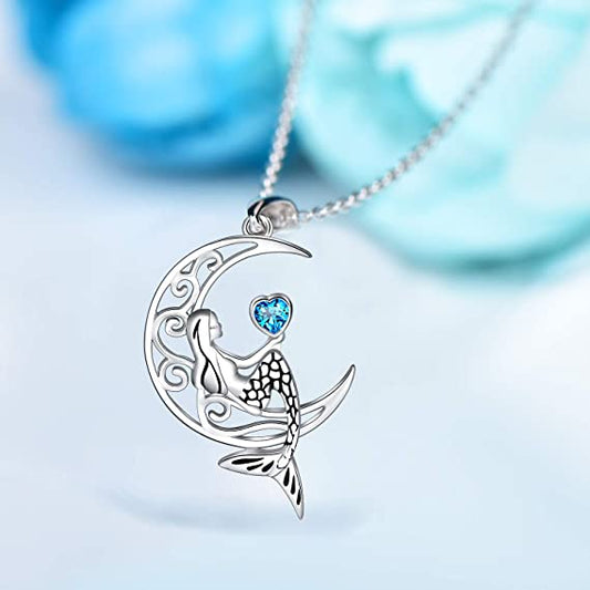 925 Sterling Silver Classic Sea Mermaid Crescent Moon Necklace