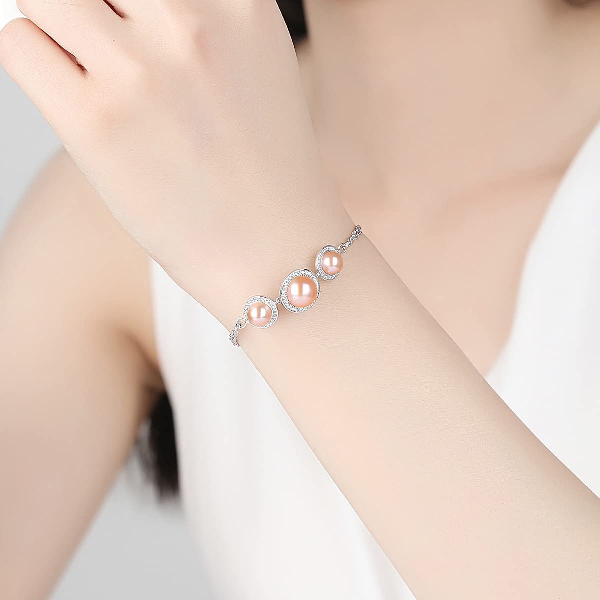 Freshwater Cultured Pearl Bracelet for Women Genuine Pearls Sterling Silver Link Bracelet Length 7”+2"