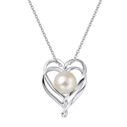 9-10mm Genuine Freshwater Pearl Necklace in Sterling Silver Solitaire Single One Cultured Pearl Double Heart Necklace Fine Jewelry for Women Girls 16”+2” Extender