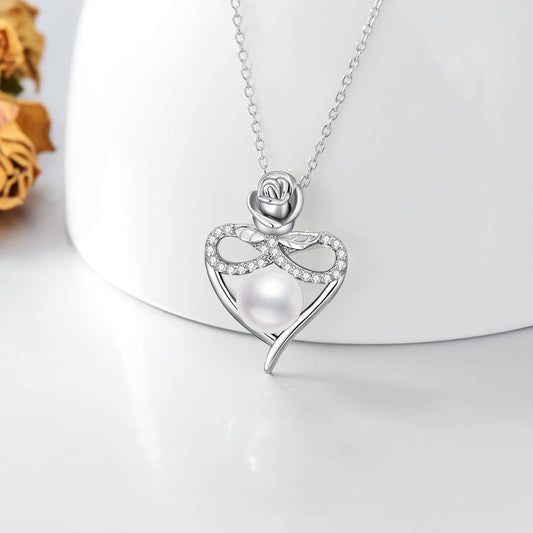 7-8MM Pearl Rose Flower Necklace Sterling Silver Love Heart Infinity Cross Pendant Necklaces Jewelry Gift For Her Women Girls Gift Mom