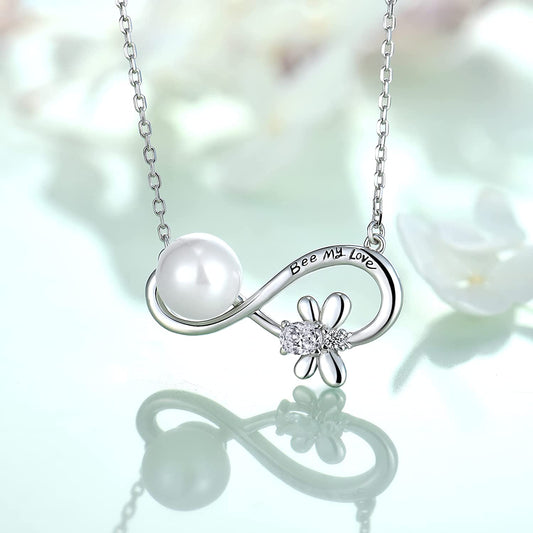 Bee Necklace 8MM White Pearl Infinity Necklace Love Heart Pendant Animal Jewelry