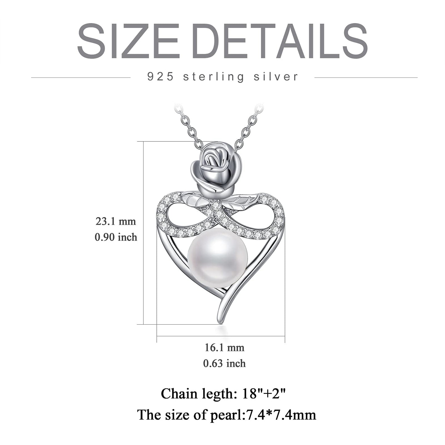 7-8MM Pearl Rose Flower Necklace Sterling Silver Love Heart Infinity Cross Pendant Necklaces Jewelry Gift For Her Women Girls Gift Mom