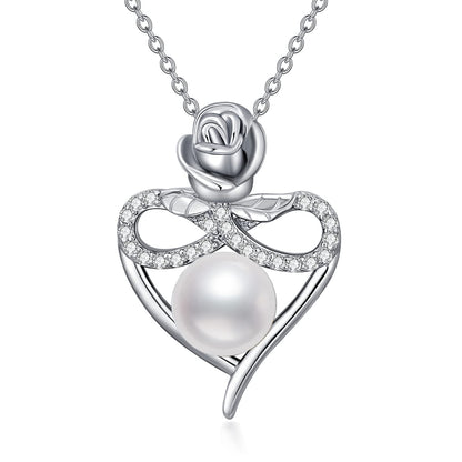 7-8MM Pearl Rose Flower Necklace Sterling Silver Love Heart Infinity Cross Pendant Necklaces Jewelry Gift For Her Women Girls Gift Mom