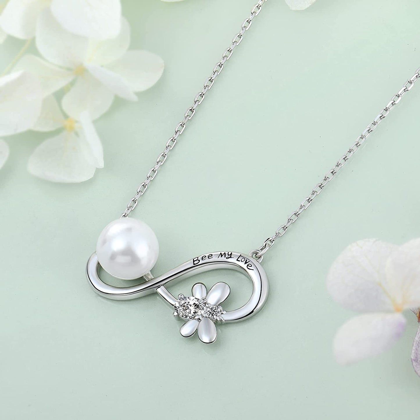 Bee Necklace 8MM White Pearl Infinity Necklace Love Heart Pendant Animal Jewelry