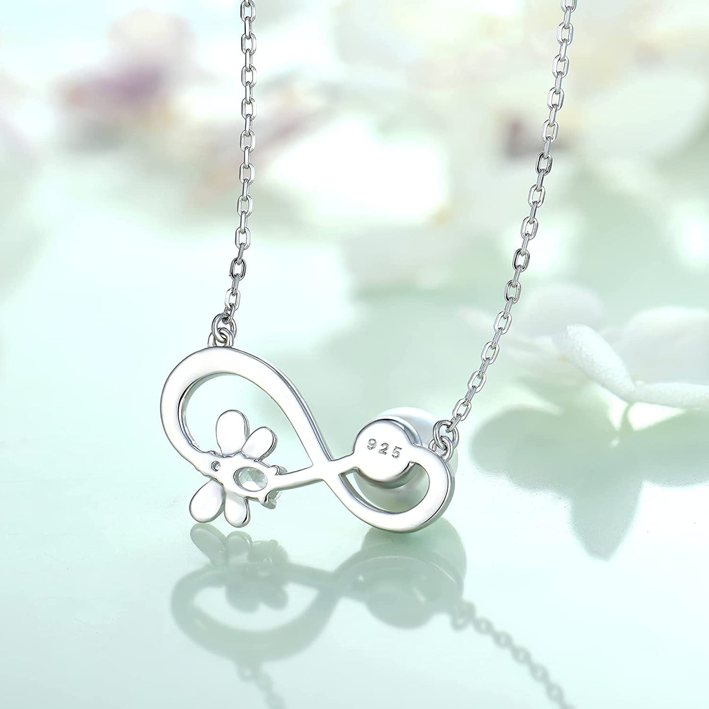 Bee Necklace 8MM White Pearl Infinity Necklace Love Heart Pendant Animal Jewelry