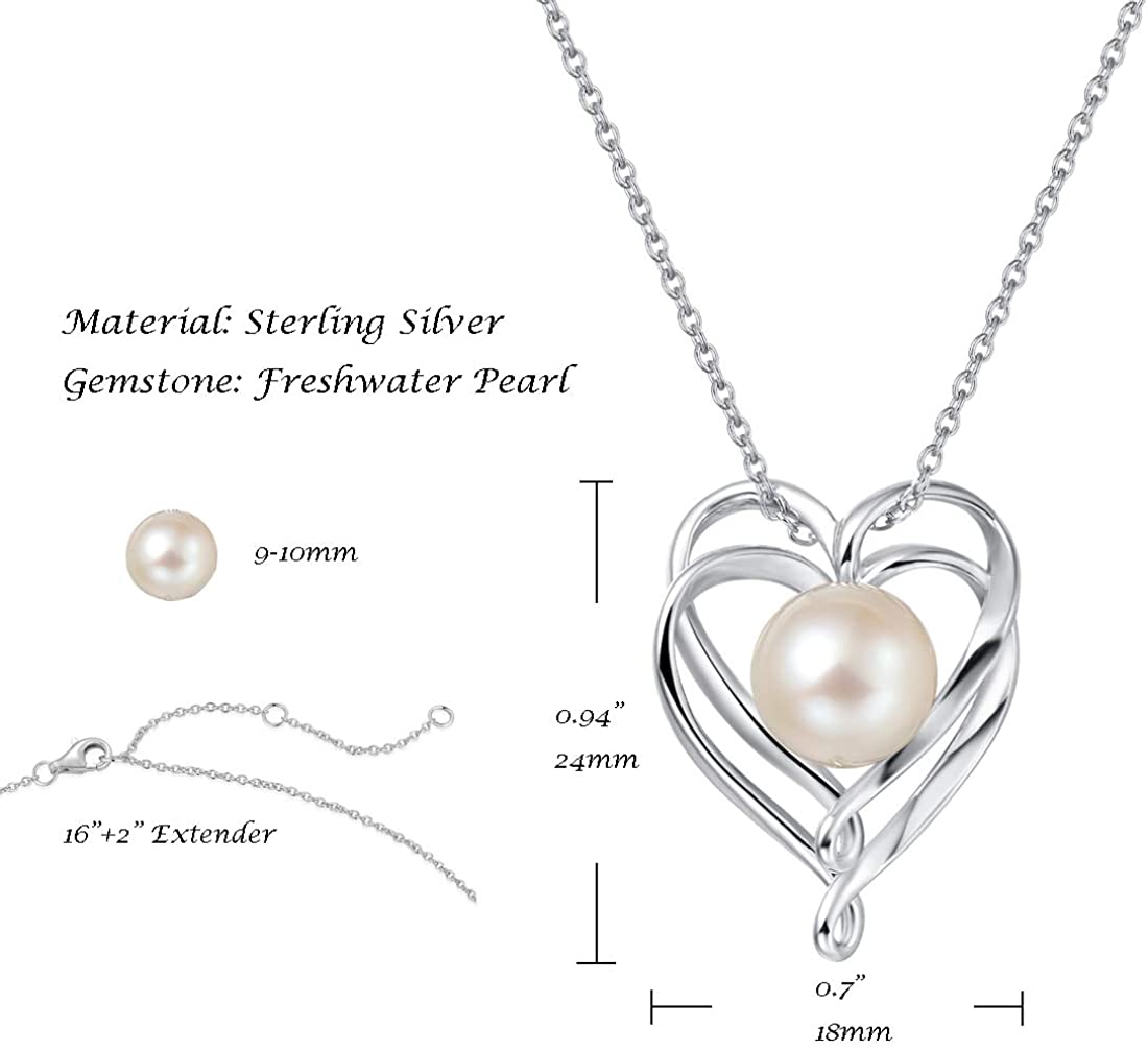 9-10mm Genuine Freshwater Pearl Necklace in Sterling Silver Solitaire Single One Cultured Pearl Double Heart Necklace Fine Jewelry for Women Girls 16”+2” Extender