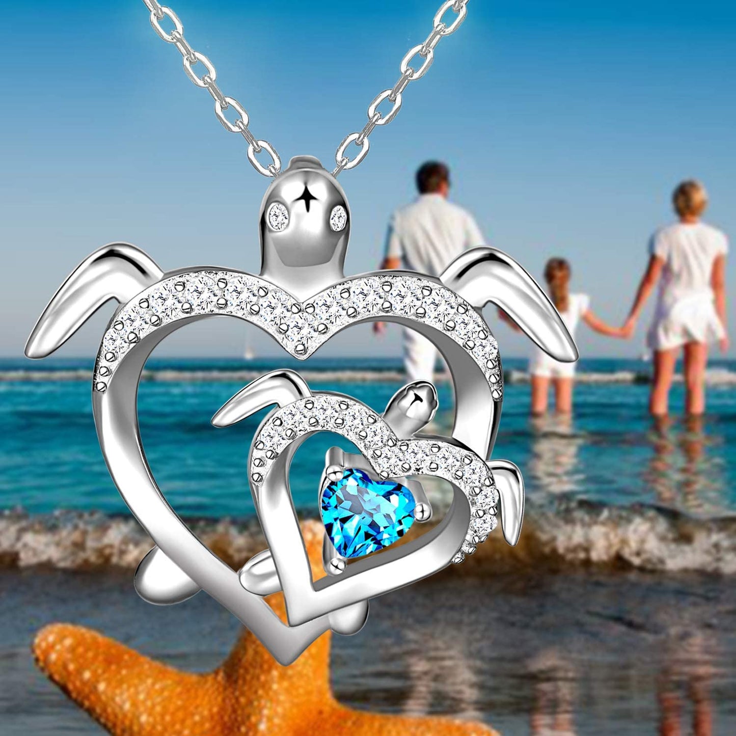 Health and Longevity Mom and Baby Sea Turtle Pendant Necklace for Women 925 Sterling Silver Love Heart Jewelry Gifts for Women Girls Mother Wife