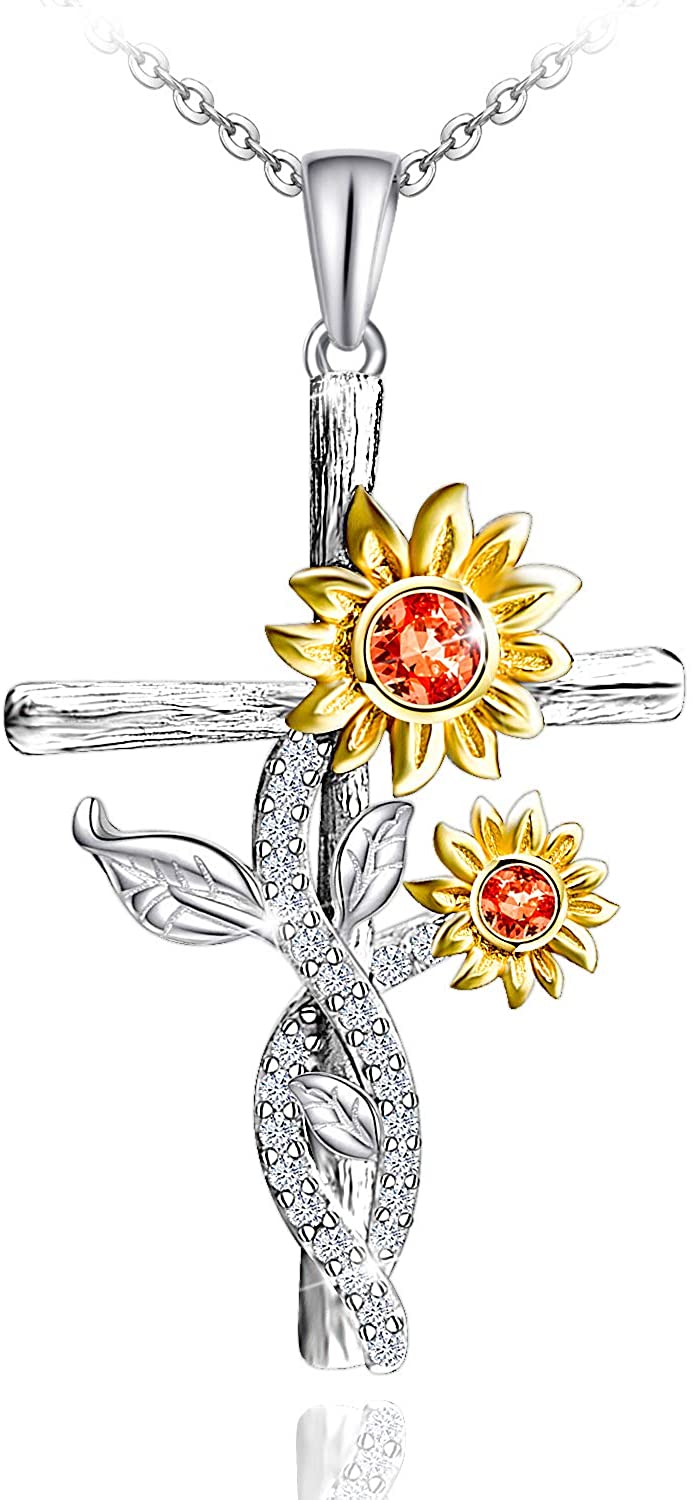 925 Sterling Silver Sunflower Faith Cross Necklace