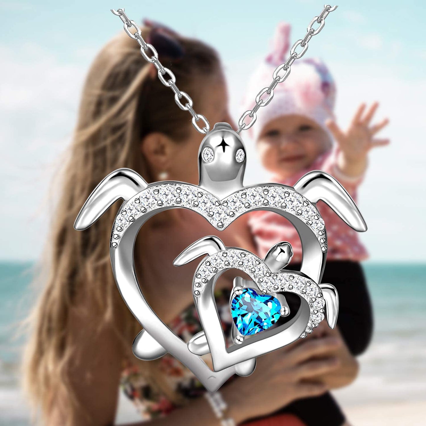 Health and Longevity Mom and Baby Sea Turtle Pendant Necklace for Women 925 Sterling Silver Love Heart Jewelry Gifts for Women Girls Mother Wife