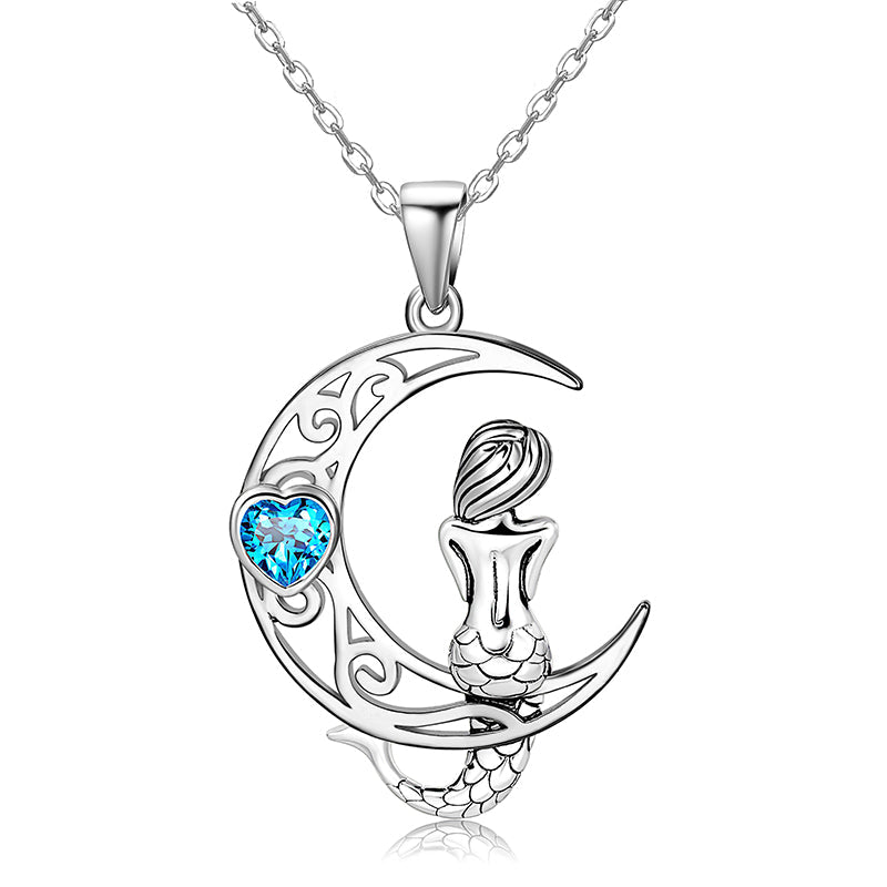 925 Sterling Silver Classic Sea Mermaid Crescent Moon Necklace